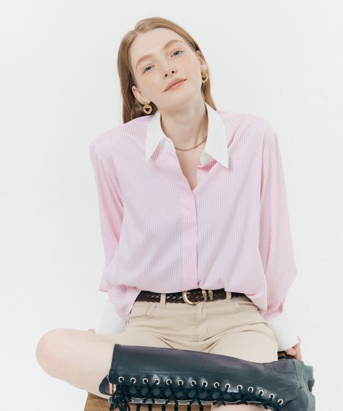 Hidden button cuffs detail stripe shirt (PINK STRIPE)