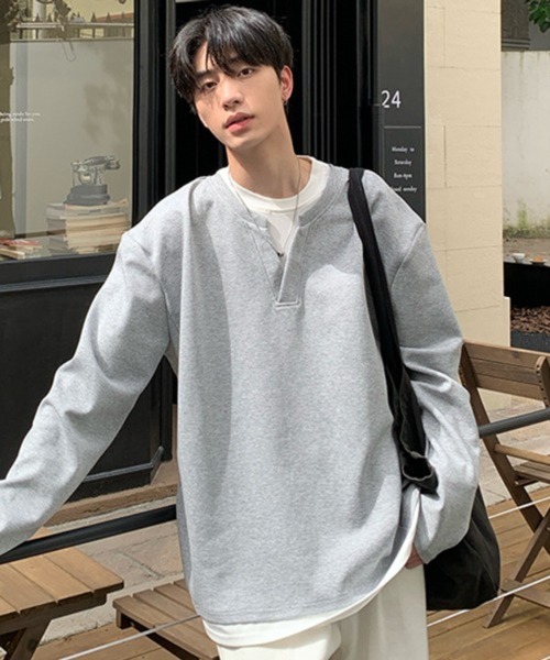 NOWLE(ノウル)の「【NOWLE】フェイクレイヤード キーネック プルオーバー ロンT(Tシャツ/カットソー・メンズ・グレー/ブラック・X-LARGE/LARGE/MEDIUM)」の2枚目の写真