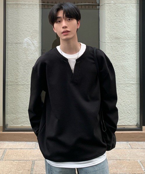NOWLE(ノウル)の「【NOWLE】フェイクレイヤード キーネック プルオーバー ロンT(Tシャツ/カットソー・メンズ・グレー/ブラック・X-LARGE/LARGE/MEDIUM)」の1枚目の写真