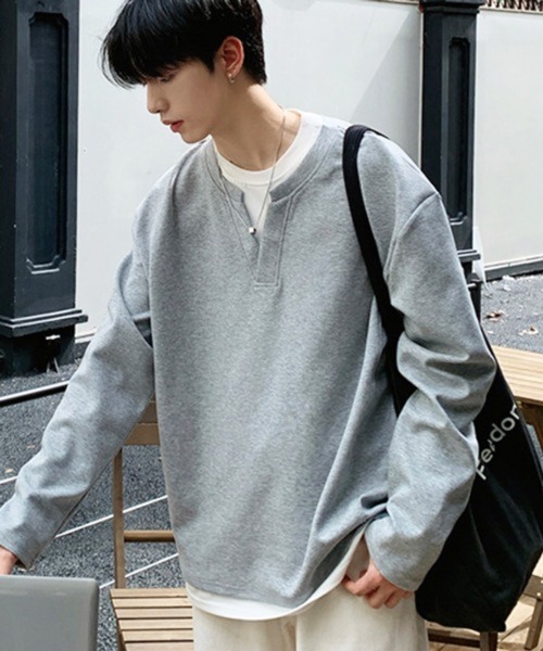 NOWLE(ノウル)の「【NOWLE】フェイクレイヤード キーネック プルオーバー ロンT(Tシャツ/カットソー・メンズ・グレー/ブラック・X-LARGE/LARGE/MEDIUM)」の4枚目の写真