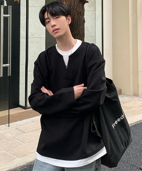 NOWLE(ノウル)の「【NOWLE】フェイクレイヤード キーネック プルオーバー ロンT(Tシャツ/カットソー・メンズ・グレー/ブラック・X-LARGE/LARGE/MEDIUM)」の10枚目の写真