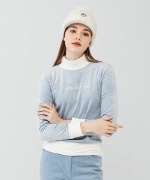 ソフトベルベットストレッチ ベルベットリブモックネック起毛Tシャツ _ブルー