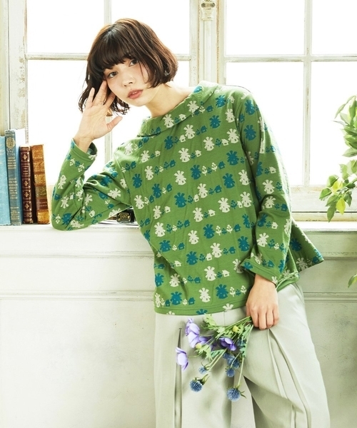 Jocomomola(ホコモモラ)の「Molino ロールカラーダブルジャカード総柄カットソー(Tシャツ/カットソー・レディース・グリーン/アイボリー・40)」の4枚目の写真