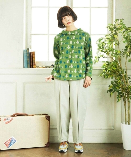 Jocomomola(ホコモモラ)の「Molino ロールカラーダブルジャカード総柄カットソー(Tシャツ/カットソー・レディース・グリーン/アイボリー・40)」の5枚目の写真