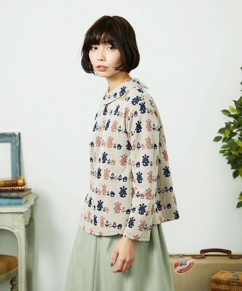 Jocomomola(ホコモモラ)の「Molino ロールカラーダブルジャカード総柄カットソー(Tシャツ/カットソー・レディース・グリーン/アイボリー・40)」の9枚目の写真