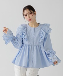 袖カットワークレーストップス