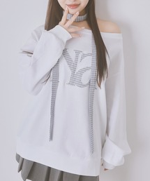 【セットアイテム】ストール付きオフショル裏毛スウェット/チェック柄細マフラー付き/タイ付き
