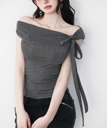ストラップ付ボーダークロップドスリムTシャツ