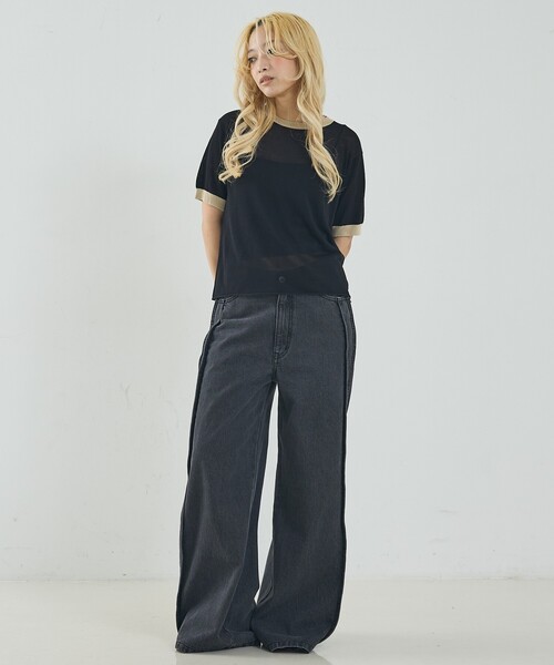 NOMINE（ノミネ）の「リンガー ニット Tシャツ（Tシャツ/カットソー・レディース・ブラウン/ベージュ/サックスブルー/ブラック・フリー）」の6枚目の写真