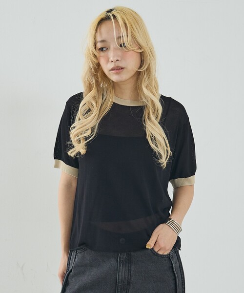 NOMINE（ノミネ）の「リンガー ニット Tシャツ（Tシャツ/カットソー・レディース・ブラウン/ベージュ/サックスブルー/ブラック・フリー）」の7枚目の写真