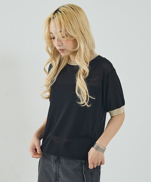 NOMINE（ノミネ）の「リンガー ニット Tシャツ（Tシャツ/カットソー・レディース・ブラウン/ベージュ/サックスブルー/ブラック・フリー）」の8枚目の写真