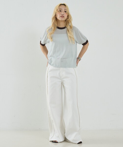 NOMINE（ノミネ）の「リンガー ニット Tシャツ（Tシャツ/カットソー・レディース・ブラウン/ベージュ/サックスブルー/ブラック・フリー）」の9枚目の写真