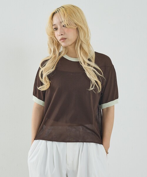 NOMINE（ノミネ）の「リンガー ニット Tシャツ（Tシャツ/カットソー・レディース・ブラウン/ベージュ/サックスブルー/ブラック・フリー）」の14枚目の写真
