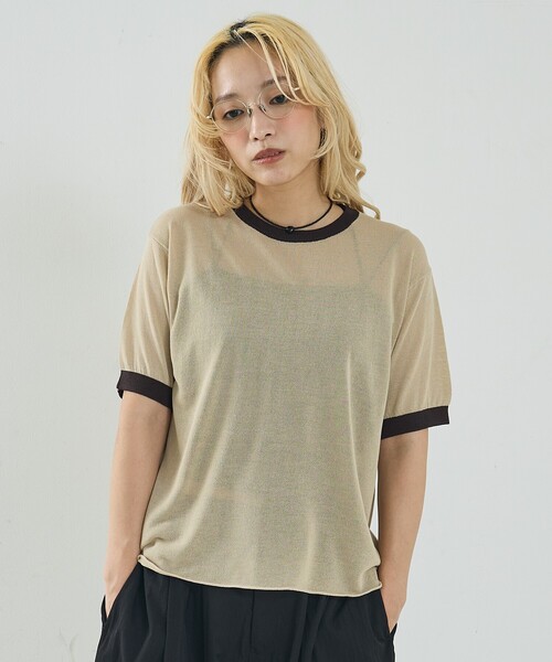 NOMINE（ノミネ）の「リンガー ニット Tシャツ（Tシャツ/カットソー・レディース・ブラウン/ベージュ/サックスブルー/ブラック・フリー）」の17枚目の写真