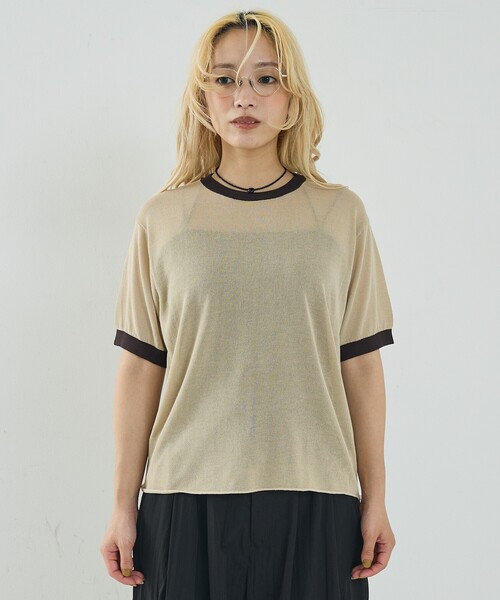 NOMINE（ノミネ）の「リンガー ニット Tシャツ（Tシャツ/カットソー・レディース・ブラウン/ベージュ/サックスブルー/ブラック・フリー）」の18枚目の写真