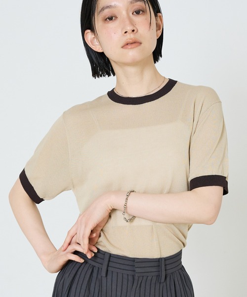 NOMINE（ノミネ）の「リンガー ニット Tシャツ（Tシャツ/カットソー・レディース・ブラウン/ベージュ/サックスブルー/ブラック・フリー）」の4枚目の写真