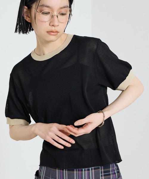 NOMINE（ノミネ）の「リンガー ニット Tシャツ（Tシャツ/カットソー・レディース・ブラウン/ベージュ/サックスブルー/ブラック・フリー）」の2枚目の写真