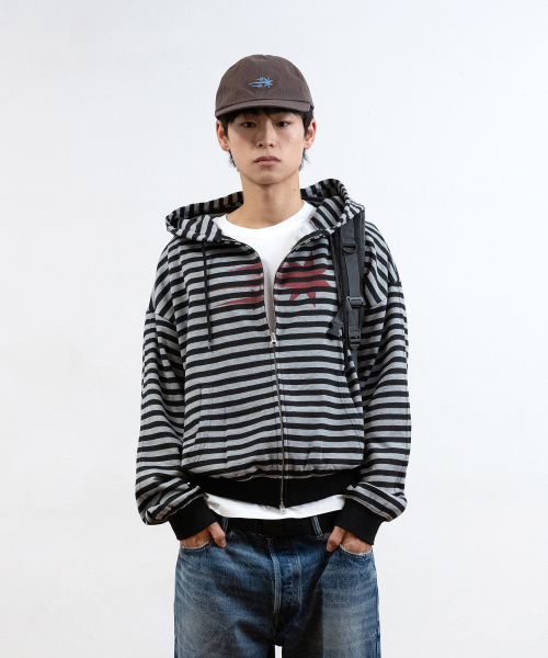 NICE GHOST CLUB(ナイスゴーストクラブ)の「STRIPE RUSH 3STAR HOODIE ZIP UP_BLACK(NG2GSUM491A)(パーカー・レディース・ブラック・SMALL/MEDIUM)」の1枚目の写真