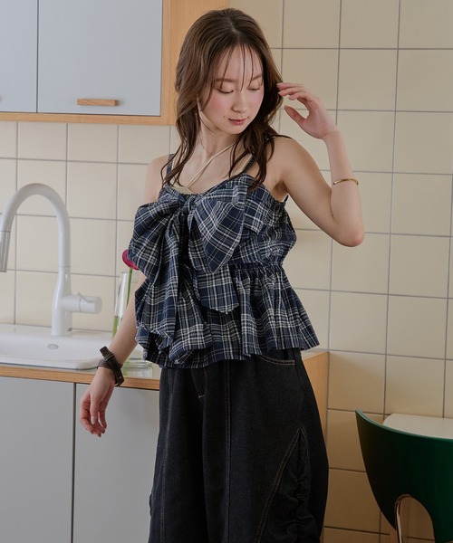 ombre check double ribbon bustier / オンブレチェックダブルリボン