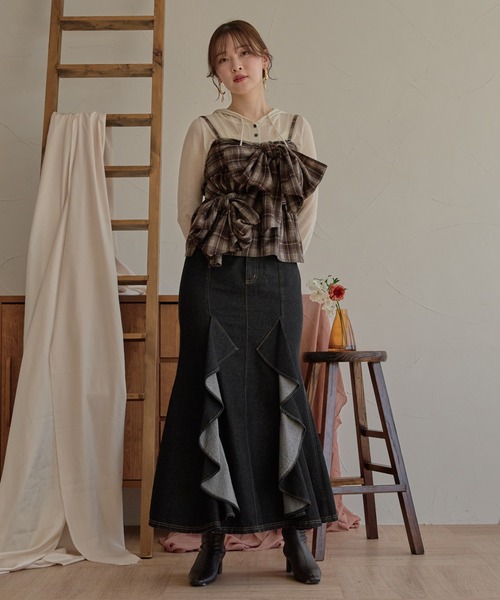 mideal（マイディール）の「ombre check double ribbon bustier / オンブレチェックダブルリボンビスチェ（キャミソール・レディース・ブラック/アイボリー/ネイビー/ブラウン・FREE）」の5枚目の写真