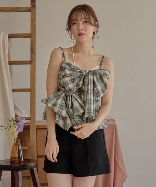 mideal（マイディール）の「ombre check double ribbon bustier / オンブレチェックダブルリボンビスチェ（キャミソール・レディース・ブラック/アイボリー/ネイビー/ブラウン・FREE）」の20枚目の写真