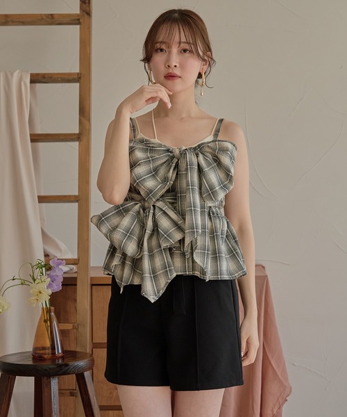 mideal（マイディール）の「ombre check double ribbon bustier / オンブレチェックダブルリボンビスチェ（キャミソール・レディース・ブラック/アイボリー/ネイビー/ブラウン・FREE）」の21枚目の写真
