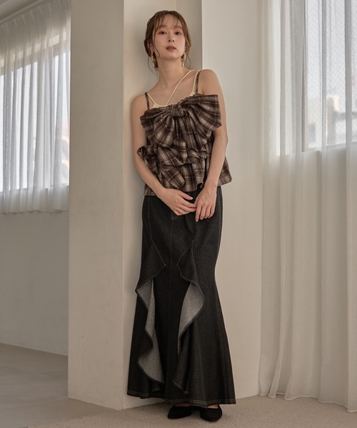 mideal（マイディール）の「ombre check double ribbon bustier / オンブレチェックダブルリボンビスチェ（キャミソール・レディース・ブラック/アイボリー/ネイビー/ブラウン・FREE）」の8枚目の写真