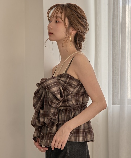 mideal（マイディール）の「ombre check double ribbon bustier / オンブレチェックダブルリボンビスチェ（キャミソール・レディース・ブラック/アイボリー/ネイビー/ブラウン・FREE）」の6枚目の写真