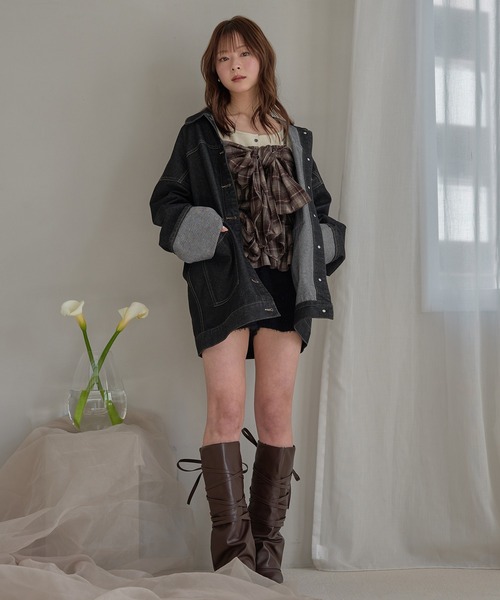 mideal（マイディール）の「ombre check double ribbon bustier / オンブレチェックダブルリボンビスチェ（キャミソール・レディース・ブラック/アイボリー/ネイビー/ブラウン・FREE）」の16枚目の写真