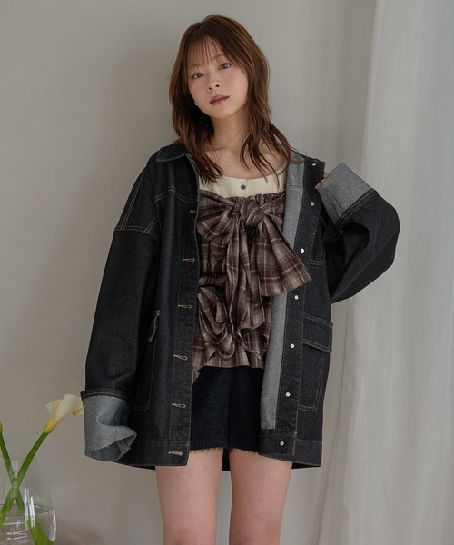 mideal（マイディール）の「ombre check double ribbon bustier / オンブレチェックダブルリボンビスチェ（キャミソール・レディース・ブラック/アイボリー/ネイビー/ブラウン・FREE）」の11枚目の写真