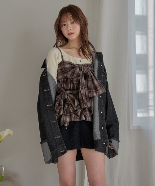 mideal（マイディール）の「ombre check double ribbon bustier / オンブレチェックダブルリボンビスチェ（キャミソール・レディース・ブラック/アイボリー/ネイビー/ブラウン・FREE）」の12枚目の写真