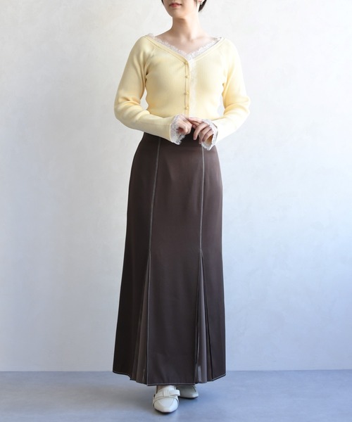 31 Sons de mode（トランテアン　ソン　ドゥ　モード）の「2026春夏新作 レーストリミング袖フレアニット（ニット/セーター・レディース・オフホワイト/イエロー/ピンク・ﾌﾘ-）」の7枚目の写真