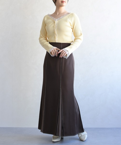 31 Sons de mode（トランテアン　ソン　ドゥ　モード）の「2026春夏新作 レーストリミング袖フレアニット（ニット/セーター・レディース・オフホワイト/イエロー/ピンク・ﾌﾘ-）」の8枚目の写真