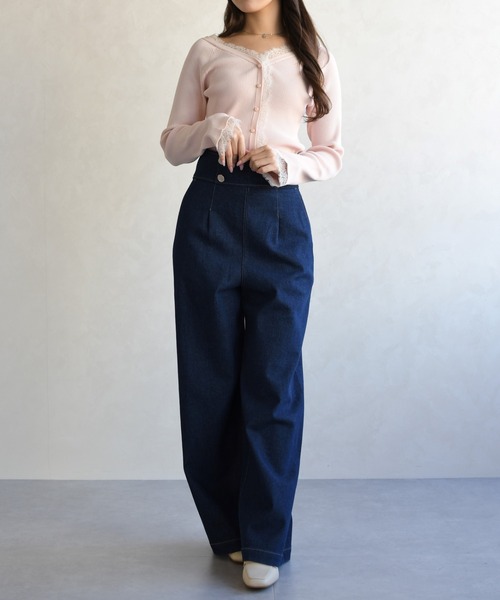 31 Sons de mode（トランテアン　ソン　ドゥ　モード）の「2026春夏新作 レーストリミング袖フレアニット（ニット/セーター・レディース・オフホワイト/イエロー/ピンク・ﾌﾘ-）」の9枚目の写真