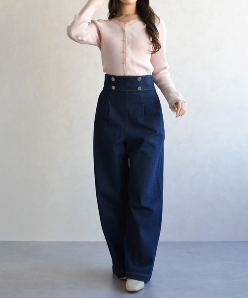 31 Sons de mode（トランテアン　ソン　ドゥ　モード）の「2026春夏新作 レーストリミング袖フレアニット（ニット/セーター・レディース・オフホワイト/イエロー/ピンク・ﾌﾘ-）」の10枚目の写真