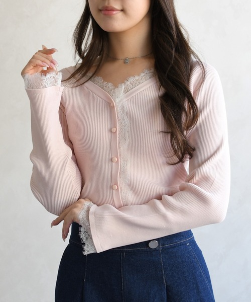 31 Sons de mode（トランテアン　ソン　ドゥ　モード）の「2026春夏新作 レーストリミング袖フレアニット（ニット/セーター・レディース・オフホワイト/イエロー/ピンク・ﾌﾘ-）」の19枚目の写真