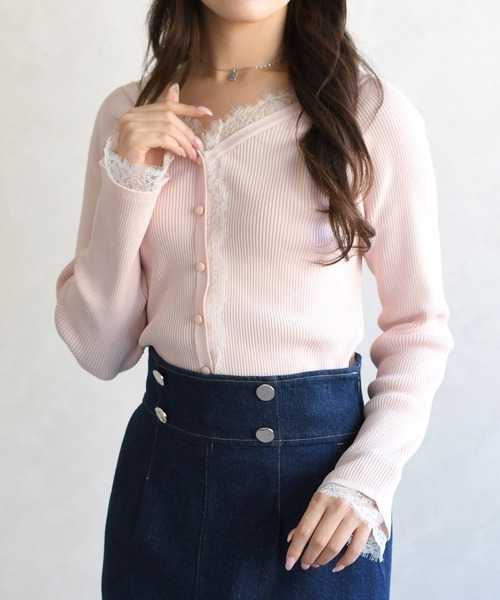 31 Sons de mode（トランテアン　ソン　ドゥ　モード）の「2026春夏新作 レーストリミング袖フレアニット（ニット/セーター・レディース・オフホワイト/イエロー/ピンク・ﾌﾘ-）」の20枚目の写真