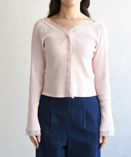 31 Sons de mode（トランテアン　ソン　ドゥ　モード）の「2026春夏新作 レーストリミング袖フレアニット（ニット/セーター・レディース・オフホワイト/イエロー/ピンク・ﾌﾘ-）」の12枚目の写真