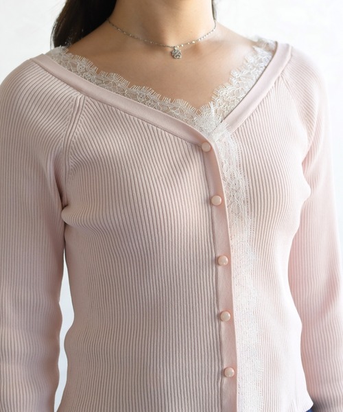 31 Sons de mode（トランテアン　ソン　ドゥ　モード）の「2026春夏新作 レーストリミング袖フレアニット（ニット/セーター・レディース・オフホワイト/イエロー/ピンク・ﾌﾘ-）」の15枚目の写真