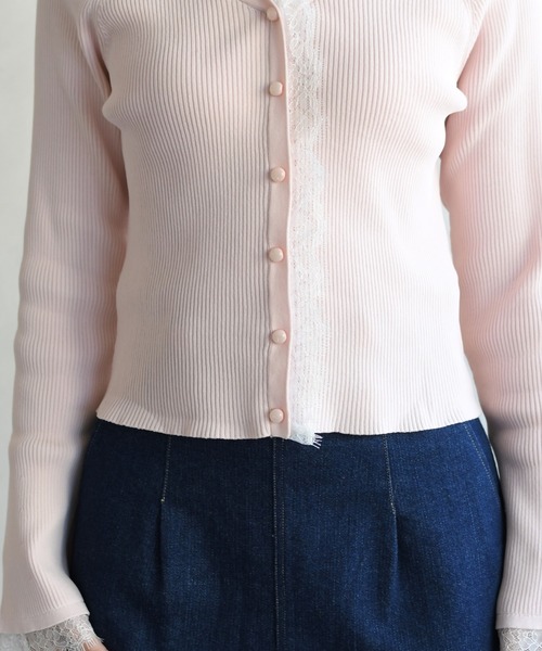 31 Sons de mode（トランテアン　ソン　ドゥ　モード）の「2026春夏新作 レーストリミング袖フレアニット（ニット/セーター・レディース・オフホワイト/イエロー/ピンク・ﾌﾘ-）」の18枚目の写真