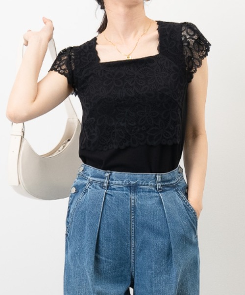 aunt lily(アントリリー)の「レース袖 ベア天フレンチスリーブプルオーバー|レース カップ付き インナー スクエアネック 体型カバー(Tシャツ/カットソー・レディース・ブラック/オフホワイト・L/M/S)」の2枚目の写真