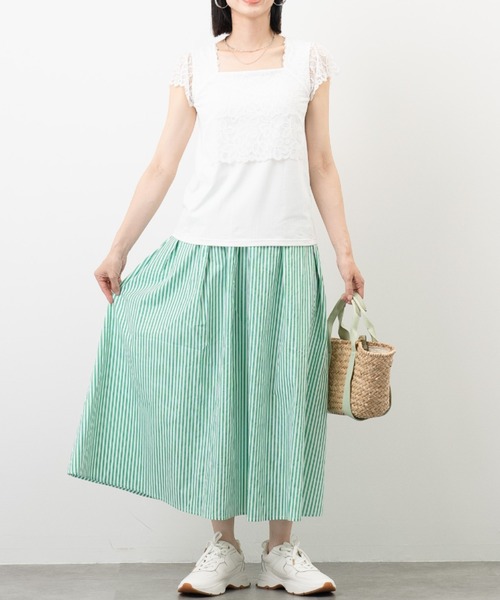 aunt lily(アントリリー)の「レース袖 ベア天フレンチスリーブプルオーバー|レース カップ付き インナー スクエアネック 体型カバー(Tシャツ/カットソー・レディース・ブラック/オフホワイト・L/M/S)」の8枚目の写真