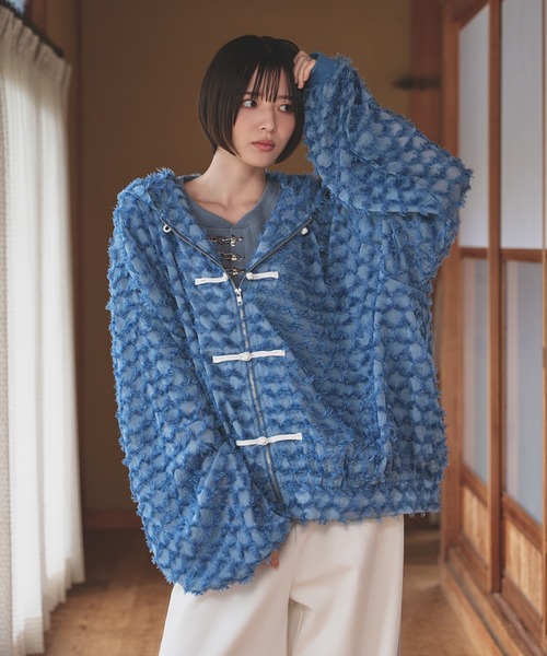 狐独（コドク）の「ウサ耳フリンジシアービックチャイナパーカー（パーカー・メンズ・ブラック/サックスブルー・LARGE/MEDIUM）」の2枚目の写真