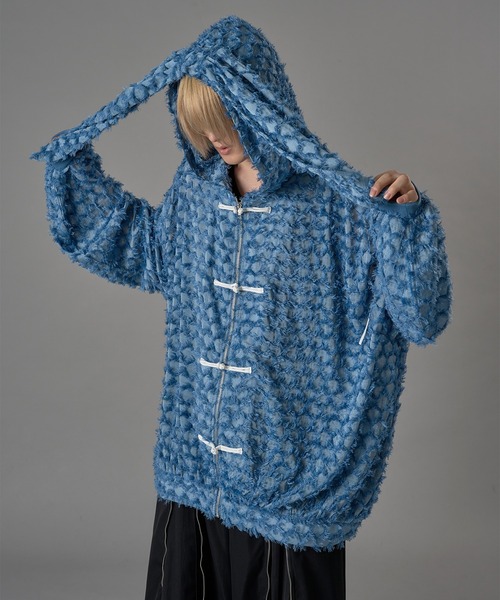 狐独（コドク）の「ウサ耳フリンジシアービックチャイナパーカー（パーカー・メンズ・ブラック/サックスブルー・LARGE/MEDIUM）」の3枚目の写真