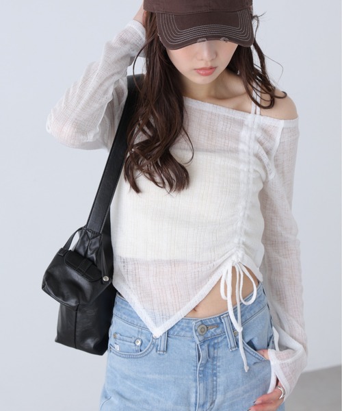 FREE'S MART（フリーズマート）の「◆シアーストライプワンショルシャーリングカットソー（Tシャツ/カットソー・レディース・グレー/ブラック/ホワイト・FREE）」の5枚目の写真