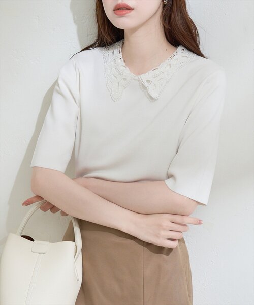 natural couture（ナチュラルクチュール）の「レースカラーニット（ニット/セーター・レディース・オフホワイト/ネイビー/ミント/ブラック・FREE）」の3枚目の写真