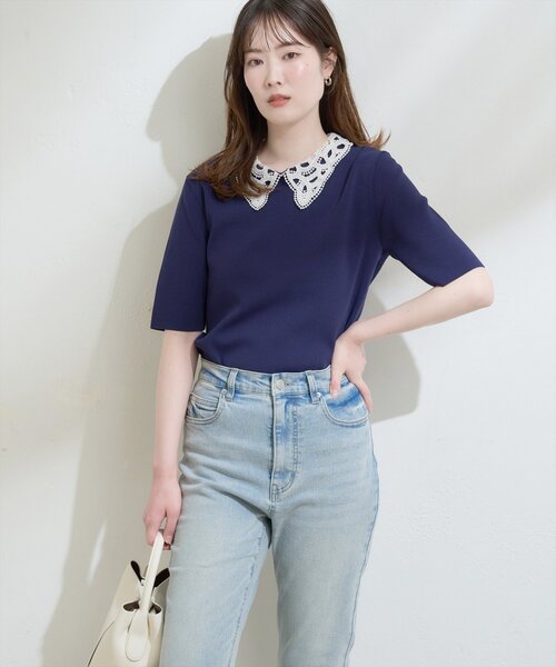 natural couture（ナチュラルクチュール）の「レースカラーニット（ニット/セーター・レディース・オフホワイト/ネイビー/ミント/ブラック・FREE）」の14枚目の写真