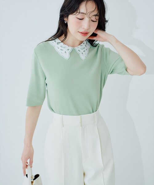 natural couture（ナチュラルクチュール）の「レースカラーニット（ニット/セーター・レディース・オフホワイト/ネイビー/ミント/ブラック・FREE）」の7枚目の写真