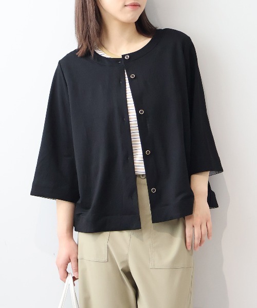 MB mint breeze(エムビーミントブリーズ)の「【LL~6L 大きいサイズ】【WEB/一部店舗限定】【接触冷感/UVカット】モクロディラウンドネックカーディガン(カーディガン/ボレロ・レディース・ブラック/ブルー/ライトグリーン・6L/5L/4L/3L/LL)」の2枚目の写真