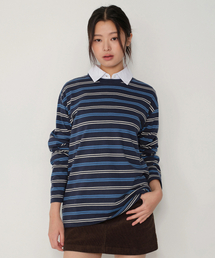 ウィメンズマルチストライプオーバーサイズ長袖Tシャツ[ネイビー/ブルー]